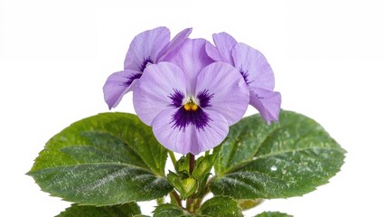 White background featuring solitary African violet blooms