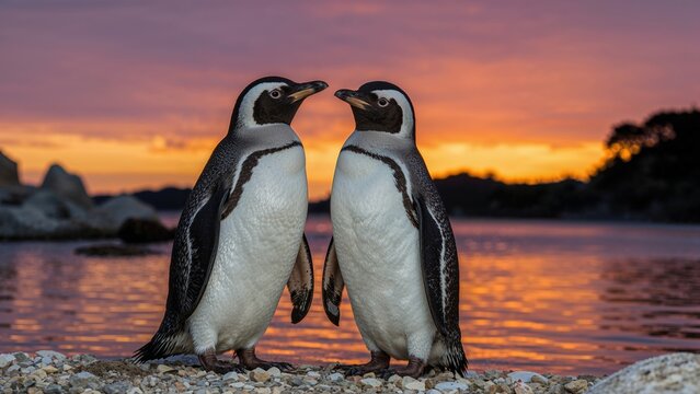 Two African penguins by the ocean at dusk