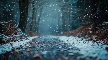 Snowy pathway through a forest during a winter snowfall