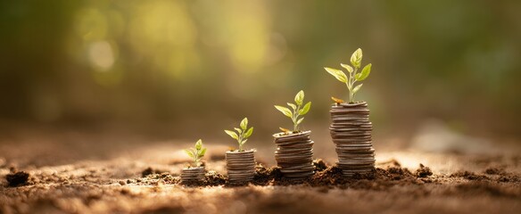 The Growth of Plants Emerging from Stacks of Coins in Sunlit Soil