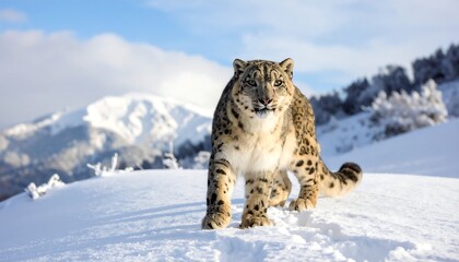 Obraz premium Majestic snow leopard walking towards the viewer across a snow-covered mountain peak