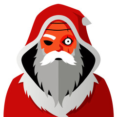 Cyber Santa with gritty beard, red hood, digital fur lining, and glowing monocle for a battle-ready look.