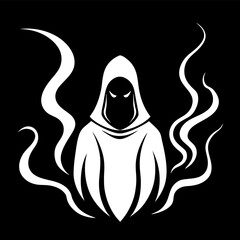 White silhouette of a hooded figure amid smoke tendrils, flanked by abstract lines on a black background.
