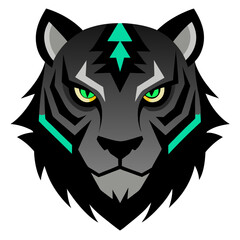 Black tiger head with silver glowing eyes, glitch-style accents, and vector embossed shadows.