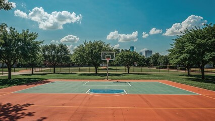 Elevated view capturing an empty basketball court in a neighborhood park on a sunny afternoon.