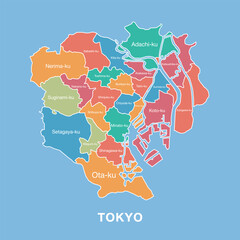 Colorful map of Tokyo, Japan with labeled administrative districts. Vector illustration isolated on blue background. Tourist infographic, detailed city plan, modern design.
