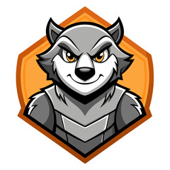 Cartoon Badger with Silver-Gray Fur and Confident Smirk in Orange Hex Frame