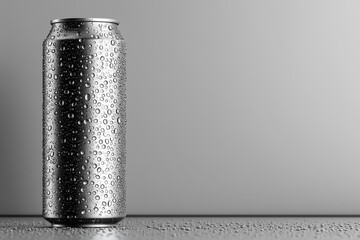 Closeup Silver Aluminum Can with Water Droplets on Surface in Gray Background