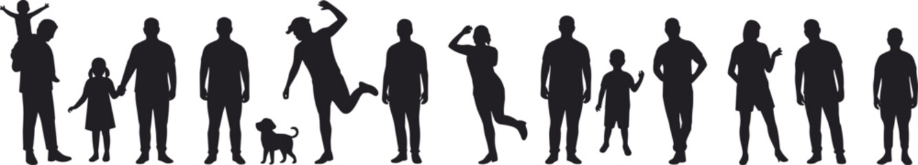 Diverse group of people and family silhouettes, including children, a dog, and adults in various dynamic and standing poses, on white background.