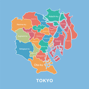 Colorful map of Tokyo, Japan with labeled administrative districts. Vector illustration isolated on blue background. Tourist infographic, detailed city plan, modern design.