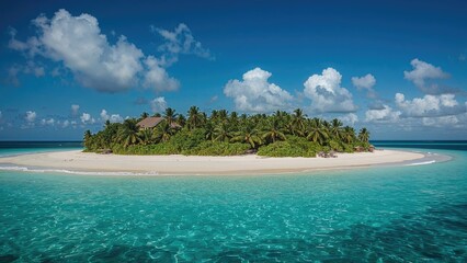 Fototapeta premium Bird's-eye view of a holiday home surrounded by palm trees on a remote island with a surrounding coral barrier.