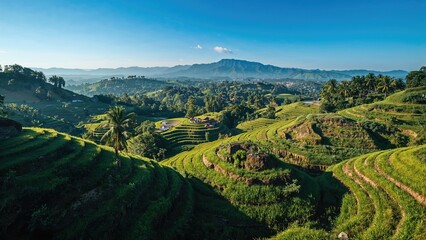 Naklejka premium Overhead drone image showcasing terraced rice cultivation