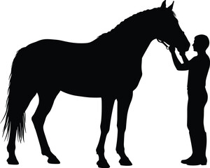 Silhouette of a person and a horse interacting, a black and white vector illustration depicting animal care and companionship.