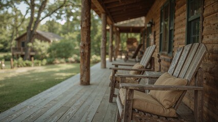 Comfortable deck chairs arranged on the rear terrace of a vacation cabin
