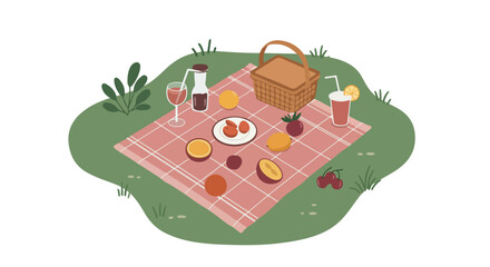 Summer picnic with refreshments on green lawn illustration, healthy eating