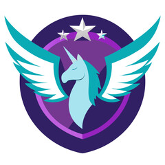Metallic Purple Pegasus Rearing with Icy Blue Wings and Stars in Futuristic Badge