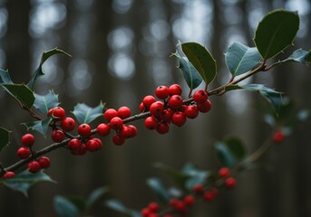 Close up of bright red holly berries and green leaves on a branch in a forest