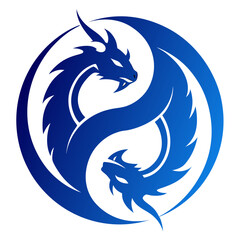 Fantasy Twin Dragons in Yin-Yang Layout Outlined in Electric Blue Contrast