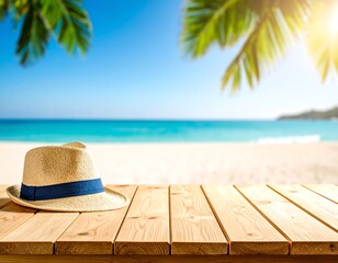 Obraz premium Beach hat on wooden table