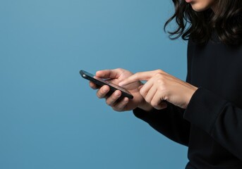 Close up of a woman s hands holding and typing on a smartphone against a blue background