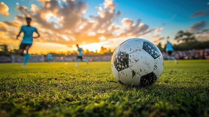 Soccer ball on field during sunset with players nearby