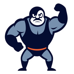 Retro wrestling mascot in comic-style shading with strongman pose and bold dark outfit