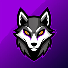 Minimalist wolf face with glowing purple eyes, set against a violet esports gradient backdrop