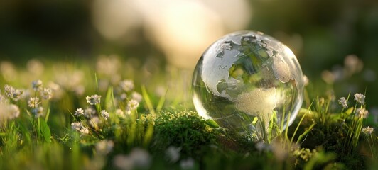 The shimmering globe resting on lush green grass and delicate wildflowers.