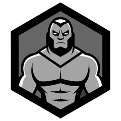 Grayscale gladiator mascot with muscular build inside a dark octagonal badge