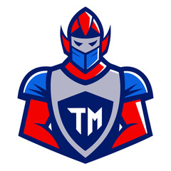 Comic-style soldier mascot in red-blue armor holding a shield with bold team initials
