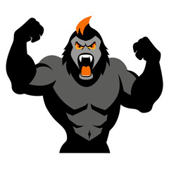 Grayscale ape mascot with orange highlights, mid-roar with powerful clenched fists