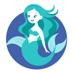 Cheerful mermaid mascot with flowing hair and seashell top inside a round wave emblem