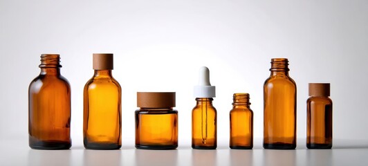 The collection of amber glass bottles arranged on a minimalist background