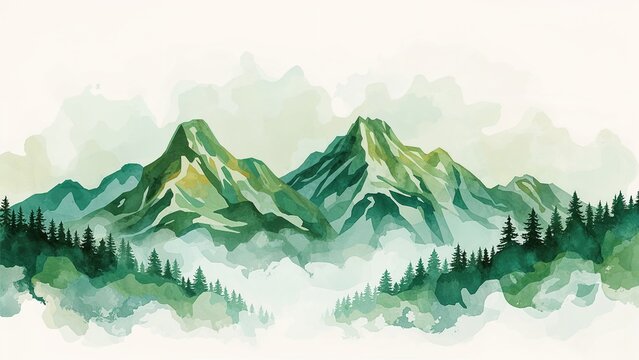 Abstract depiction of tree-covered mountains in watercolor style
