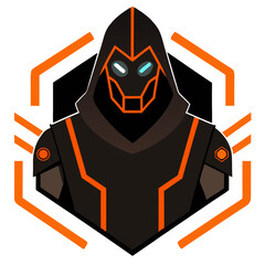 Cyber hacker mascot in dark armor with neon orange circuits and geometric tech shields