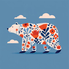 Whimsical Bear Illustration with Floral Patterns and Blue Background for Childrens Books and Nature Themes