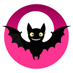 Grinning cartoon bat with glowing eyes and wings above a jagged moon on a vivid pink vector background