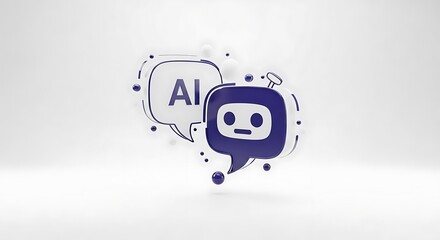 Illustration of ai text in a speech bubble and a robot head in a speech bubble on white background