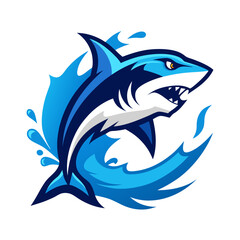 Obraz premium Shark leaping from stylized splashes in metallic blues with crisp contrast and dynamic esport styling