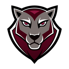 Sleek panther head with sharp shadows and highlights, in a maroon and silver badge for aggressive branding