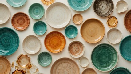 Artisan ceramic round dishes in multiple hues arranged decoratively, aerial perspective of handmade pottery