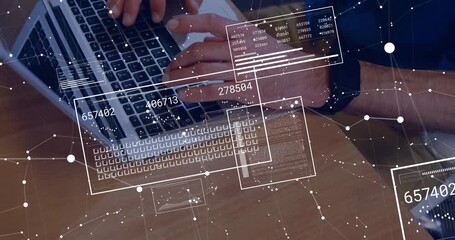 Overlays fading above laptop keyboard causing man with smartwatch typing to update panels pulsing - Powered by Adobe