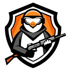 Sniper Penguin in Tactical Gear and Rifle Inside Metallic Esport Shield