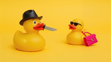 A black-hatted yellow rubber duck armed with a knife chases after a duck clutching a pink purse. Depiction of criminal activity.