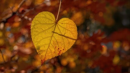 Obraz premium Golden heart-shaped leaf captured in the fall.