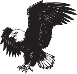 Black silhouette of a bald eagle in flight with wings spread on white background vector illustration