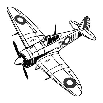 Classic british spitfire fighter airplane in a stylized black and white illustration