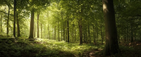 Obraz premium The serene forest illuminated by gentle sunlight filtering through lush trees