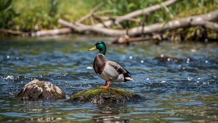 Fototapeta premium During the summer, a wild mallard sits atop a river rock.