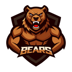 Roaring Bear Mascot with Muscular Build, Dark Fur, and Rugged Esports Badge